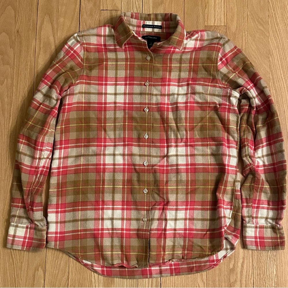 Land’s End Portuguese Flannel Long-Sleeved Shirt, Pink/Tan, Size S